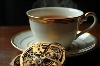 Engranajes dorados antiguos y una taza de té humeante