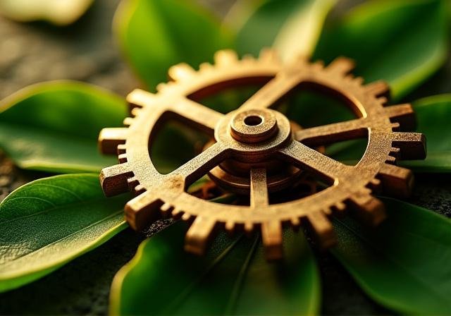 Maquinaria de reloj y hojas de té verde frescas