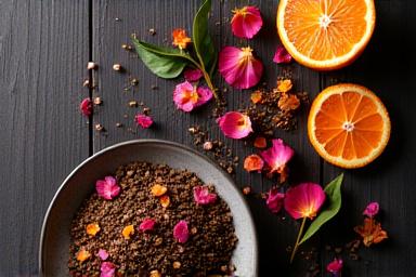 Mezcla de té con pétalos y especias sobre mesa de madera