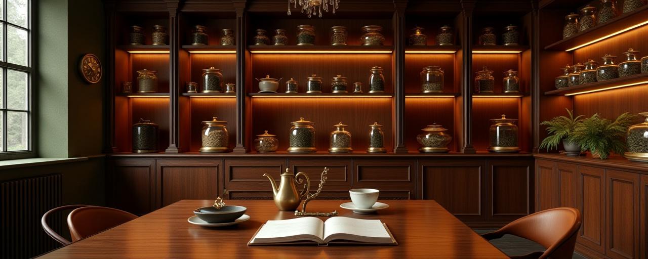 Vista interior del taller Horologium con frascos de té y engranajes de reloj