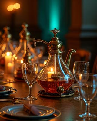 Mesa de té con decoración steampunk y engranajes