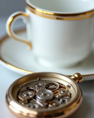 Detalle de tazas de té de porcelana y relojes antiguos