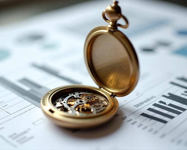 Reloj de bolsillo sobre gráficos de estrategia empresarial