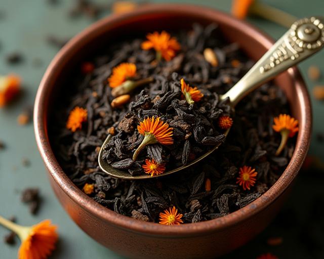 Hojas de té premium con tetera de cobre