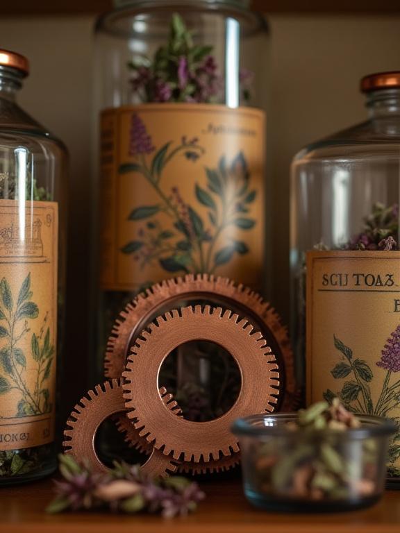 Detalles de decoración steampunk y frascos de té botánico
